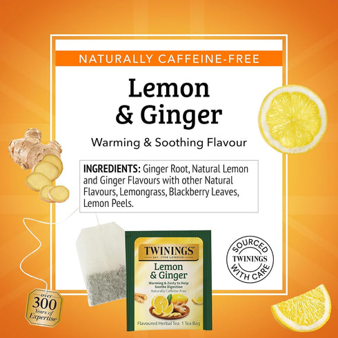 100 Count (Pack 1), 100 Twinings Lemon & Ginger Herbal Tea Individually Wrapped Bags, of Tangy Lemon, Spicy Ginger