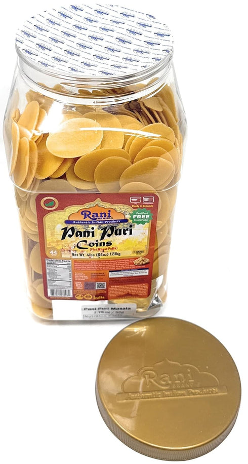 64oz (4lbs) (14-Spice 1.75oz (50g) Rani Pani Puri Coins (Uncooked, Microwaveable Wheat Semolina Coins) w/Pani Puri