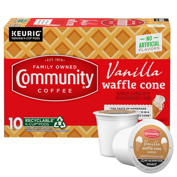 Community Coffee Vanilla Waffle Cone Ice Cream Flavored, 10 Count Coffee Pods,