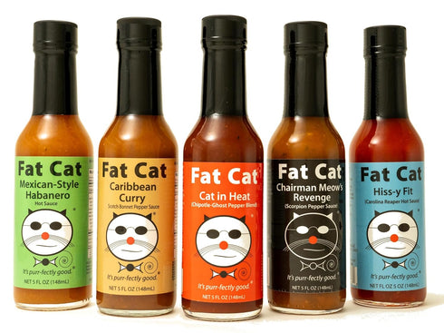 Pack Set (5 Heat Lovers Natural Hot Sauce Variety by Fat Cat Gourmet | Habanero | Scotch Bonnet | Ghost | Scorpion |