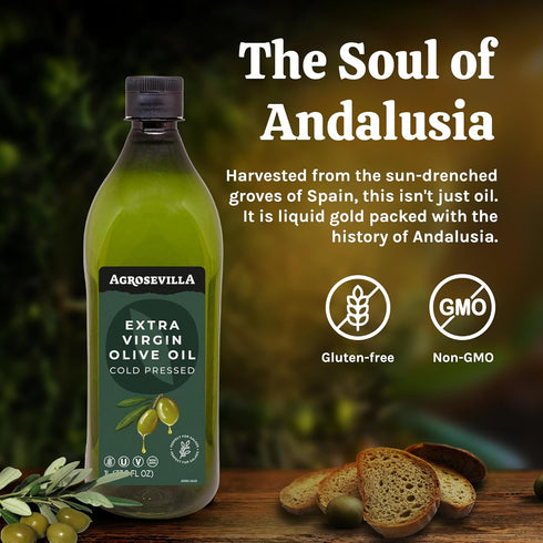 1L Agrosevilla Cold Pressed Extra Virgin Olive Oil, Spanish EVOO, Non GMO EVOO for Cooking, Dressing & Finishing