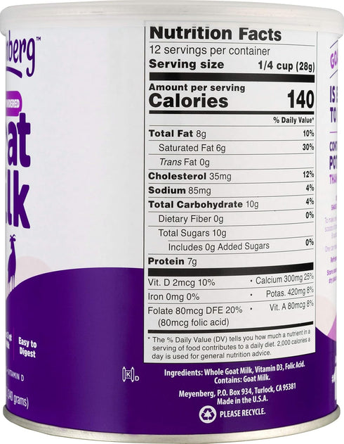 12 Meyenberg Whole Powdered Goat Milk, Vitamin D, Ounce