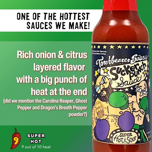 5 oz, 9, Torchbearer Sauces Sucker Punch Super Hot Sauce - Heat Level Carolina Reaper & Ghost Pepper Hot Sauce