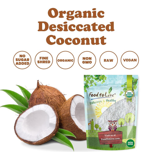6 Food to Live Organic Fine Shredded Coconut, Ounces Non-GMO, Raw, Unsweetened, Unsulfured, Desiccated, Shaved Meat.