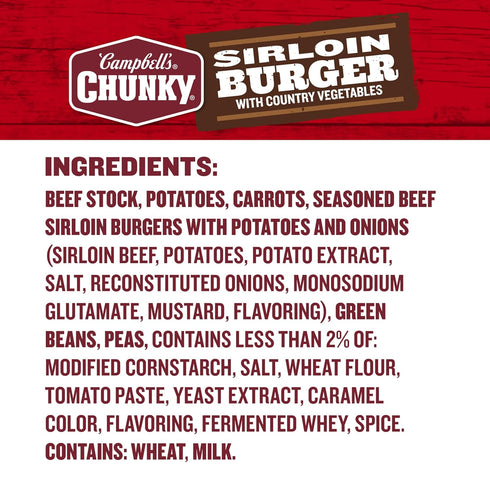 Country 18.8 oz Campbells Chunky Soup, Sirloin Burger With Vegetables Beef Soup, Can