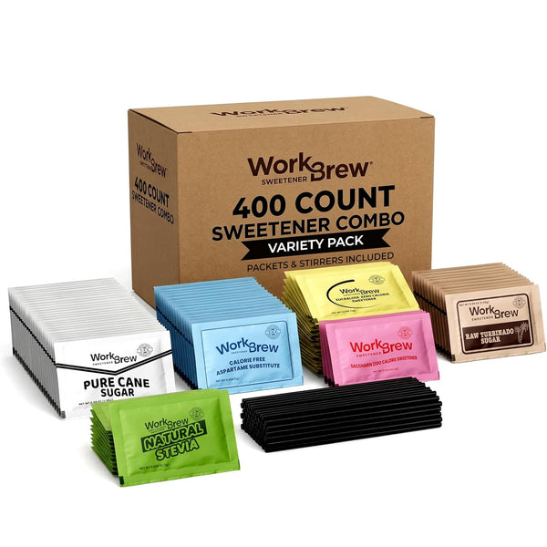 WorkBrew Sweetener Packets Variety Pack with Stirrers 400 Count, Individually Wrapped Coffee Sweeteners,