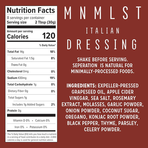 MNMLST 8.5 oz(Pack 3) Italian Dressing, Gluten Free Zesty Salad Dressing w/Organic Apple Cider Vinegar & More, Italian