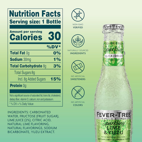 6.8 oz Pack 4 Fever-Tree Sparkling Lime & Yuzu Premium Soda Mixer for Cocktails and Mocktails, fl Bottles, of Naturally