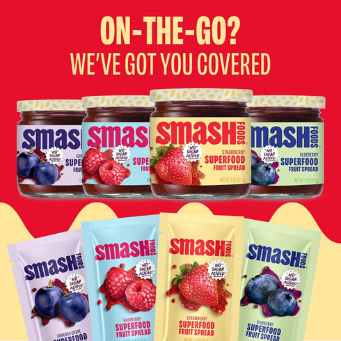 Packets 10 Smash Foods Raspberry Jam Squeeze | Single Serve | Natural, Keto & No Sugar Added | Vegan & Upcycled Fruit