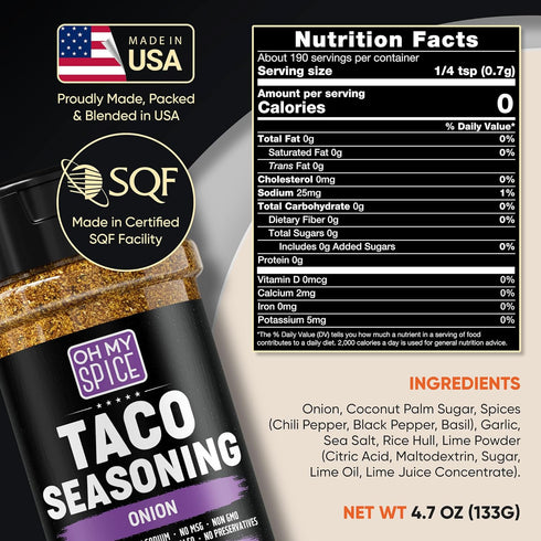 Taco Seasoning Mix Onion Powder - Gluten Free & Low Sodium Mexican Seasoning Blend, 4.7oz