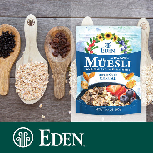 17.6 oz Eden Organic Muesli Cereal, Eat Hot or Cold, Oat, Rye, Wheat, and Spelt Flakes, Raisins, Cranberries, Wild
