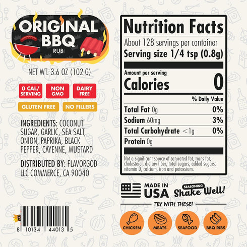 2 Flavor God Bottles Original BBQ Rub Mix, Natural Healthy Spice Blend For Grilling Chicken, Wings, Beef, Pork, Bacon