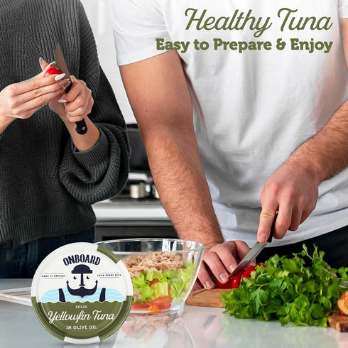 12 Pack 5 Oz 24g ONBOARD Premium Yellowfin Tuna in Olive Oil - Solid Light Cans Sustainably Wild Caught Canned Tuna