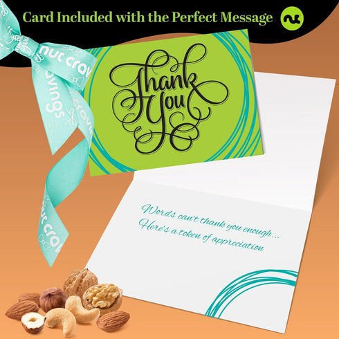 (12 Package NUT CRAVINGS Gourmet Collection - Thank You Appreciation, Nuts Gift Basket with TY Ribbon + Greeting Card