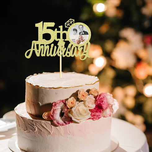 Sumerk 15th Anniversary Cake Topper, 13pcs Gold Glitter Cake Decorations with Small Heart for Celebration