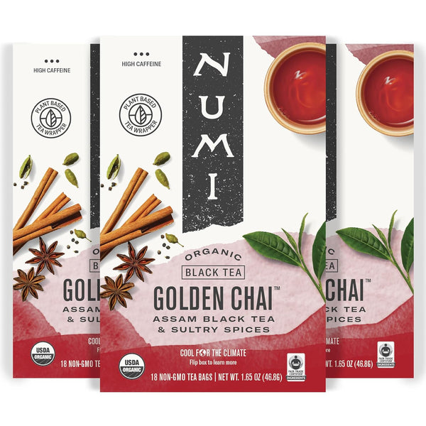 Numi Organic Golden Chai Tea, 18 Tea Bags (Pack of 3) Assam
