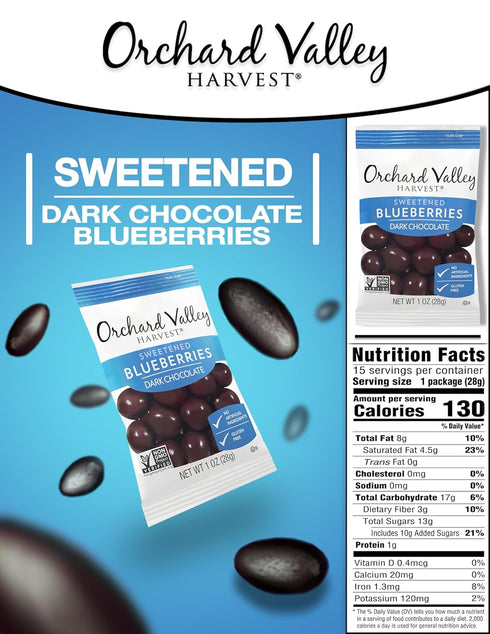 1 Ounce(Pack 15), Orchard Valley Harvest Dark Chocolate Covered Blueberries, of Gluten Free, Non-GMO, No Artificial