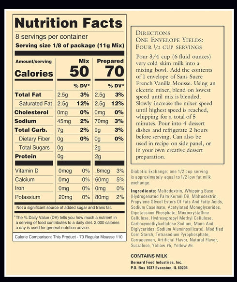 Sans Sucre SUGAR FREE, LOW FAT Mousse Mix - French Vanilla TWO 1.5 OZ ENVELOPES NET WT. 3 OZ. (85G)