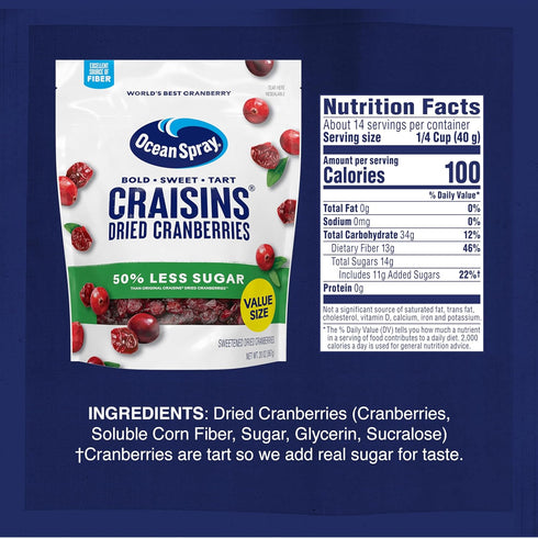 50% 20 Oz Ocean Spray Craisins, Less Sugar Dried Cranberries, Dried Fruit, Pouch