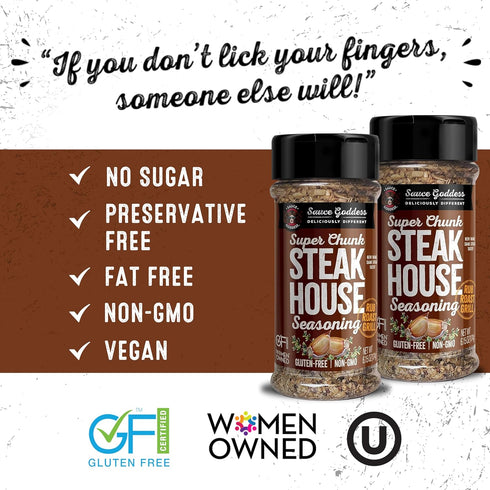 Sauce Goddess Super Chunk Steakhouse Spice Shaker (2-Pack), Versatile Steak Seasoning, BBQ Rub for Chops, Chicken