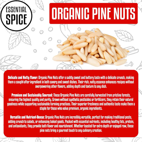 1 Lb Essential Spice Organic Pine Nuts (Pignolias), Premium Quality, Raw & Natural, Perfect for Pesto, Baking, Salads