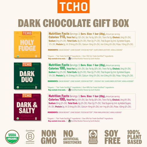6 (2.1oz TCHO Dark Chocolate Gift Box | Plant Based, Organic & Fair Trade Dark Chocolate Bars | Non GMO, Non-Dairy