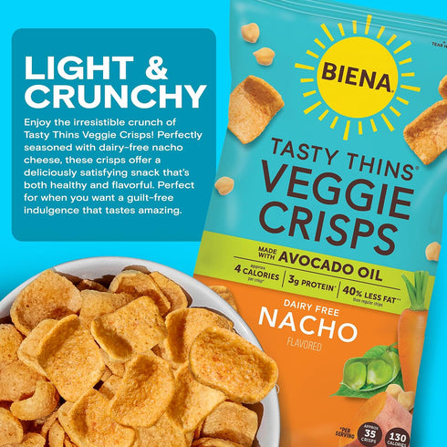 4-Pk 4oz BIENA Tasty Thins Veggie Crisps Made with Avocado Oil - Nacho, Bags Chickpeas & Veggies, Vegan, Gluten Free