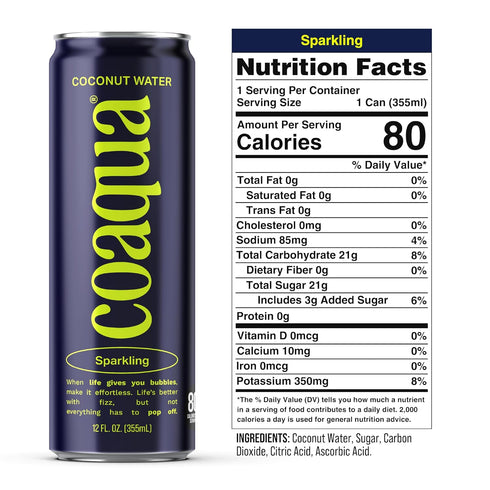 12 Pack, 12 Oz Coaqua Sparkling Coconut Water, Natural Electrolytes for Hydration, Refreshing Sparkling Electrolyte