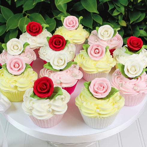 24 Count Global Sugar Art Premium Wedding & Party Edible Rose Cake & Cupcake Sugar Flowers, Red, with Leaves by Chef