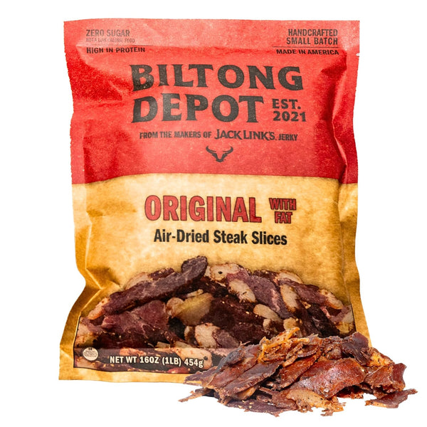 Biltong Depot Original Beef Biltong Slices with Fat 1lb (16oz) | Air-Dried