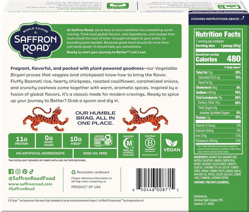 Frozen 10 Saffron Road Vegetable Biryani Seed Oil Free, No Artificial Ingredients, Gluten-Free, Vegan Ounce