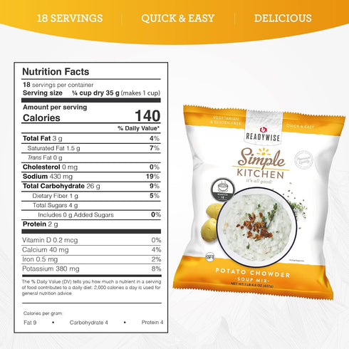 18 1 Pack READYWISE - Simple Kitchen, Potato Chowder Soup, Servings, MRE, Gluten Free, & Vegetarian, Food, Soup Mix