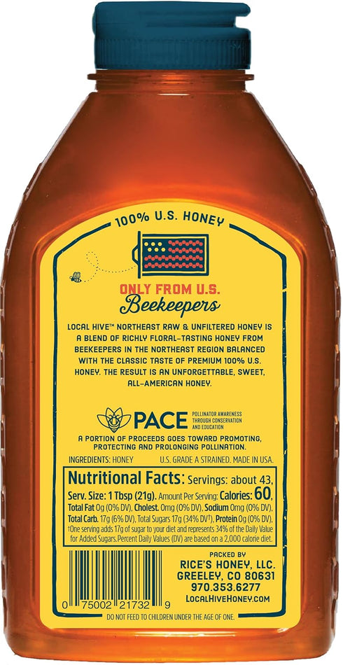 32 oz 100% Local Hive Northeast Raw & Unfiltered | Pure U.S. Honey | Natural Sweetener Sourced from American Bees