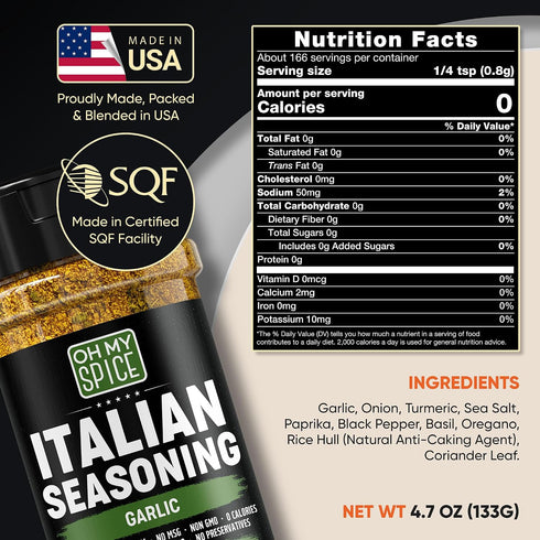 4.7oz Italian Seasoning Blend Garlic Powder Mix - Gluten Free & Low Sodium Pizza Seasonings for Bruschetta & Spaghetti.