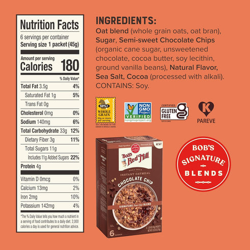 Packets, (1 Box/6 Packets Bob's Red Mill Instant Oatmeal Chocolate Chip per Box), Non-GMO, Gluten Free, Whole Grain