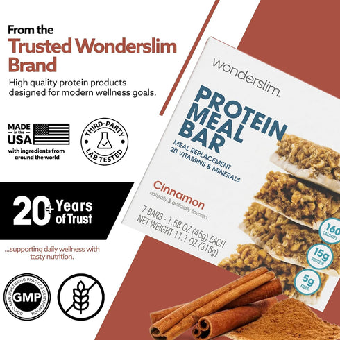 15g 20 (7ct) WonderSlim Meal Replacement Protein Bar, Cinnamon, Protein, Vitamins & Minerals, Gluten Free