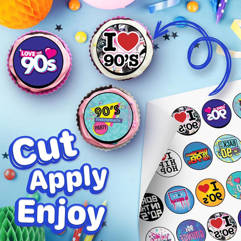 30 x Edible Cupcake Toppers, 90s Party Collection of Edible Cake Decorations, Uncut on Wafer Sheet