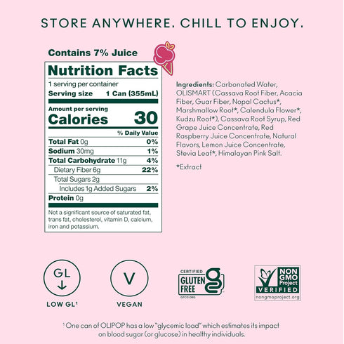 Pack Packed 12oz (12-Cans) OLIPOP Prebiotic Soda Pop, Raspberry Sherbet, Pantry with Prebiotics, Fiber, and Botanicals
