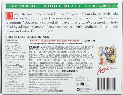 Frozen 9 oz. Amy's Meals, Cheese Enchilada Dinner with Black Beans and Corn, Gluten Free