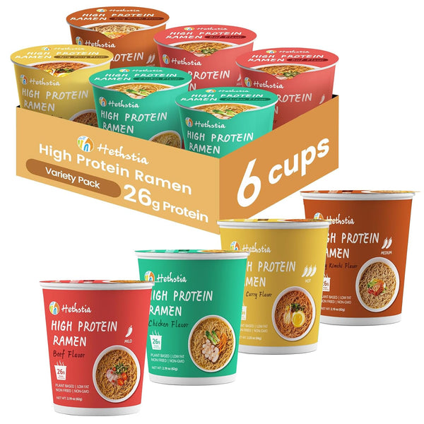 Hethstia High Protein (26g) Ramen Cup Noodles, 6 Count Plant-Based Vegan Noodle