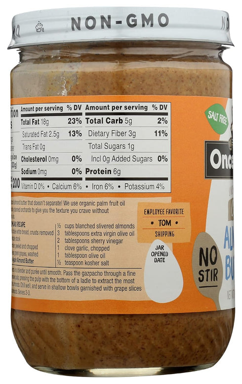 16oz Once Again Natural Creamy Almond Butter, - American Classic, No Stir - Salt Free, Unsweetened - Gluten Free