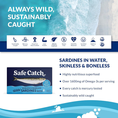 Pack 12, 4.4oz Safe Catch Wild Sardines in Water Skinless Boneless Wild-Caught Sardine Fillets Lowest Mercury Limit