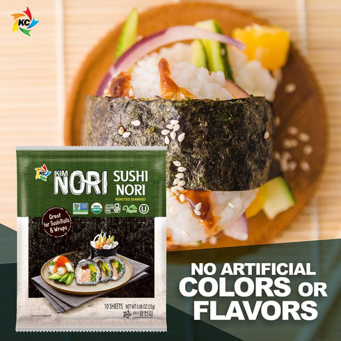KIMNORI Sushi Nori Seaweed Sheets – 10 Full Size USDA Organic Yaki Roasted Rolls Wraps Snack 100% Natural Laver Gluten