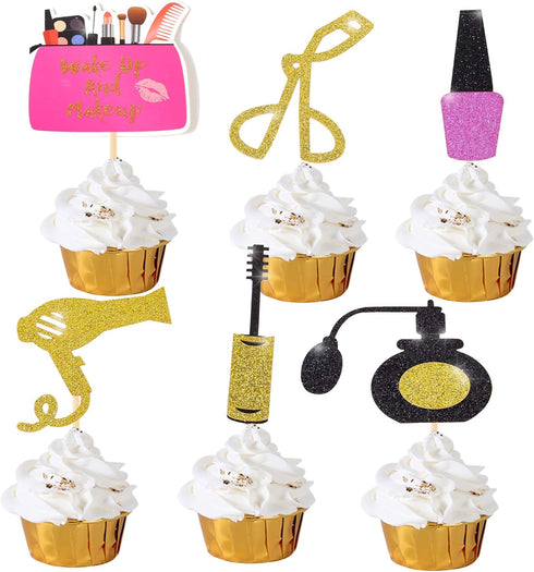 Spa Makeup Cupcake Toppers Decoration Supplies, 24Pcs Gold Glitter for Bridal Shower, Bachelorette, and 18th Birthday