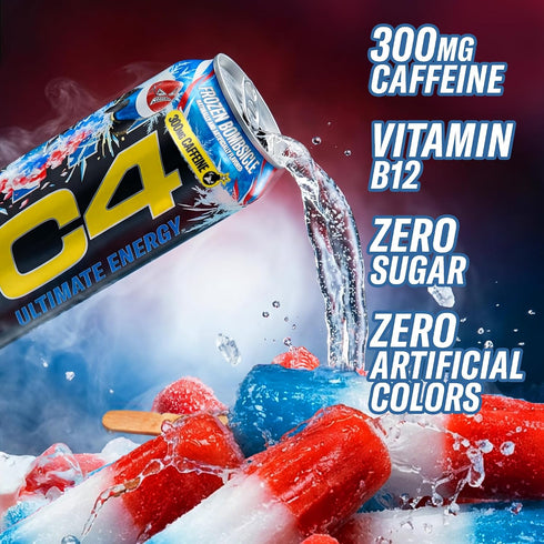 C4 300mg Frozen 16oz (Pack 12) Ultimate Energy Drink, Caffeine, Zero Sugar, High-Performance Energy for Pre-Workout
