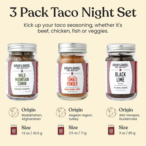 Set 3 Burlap & Barrel Taco Seasoning Single Origin Spice - Wild Mountain Cumin, Sun-Dried Tomato, Ground Black Lime