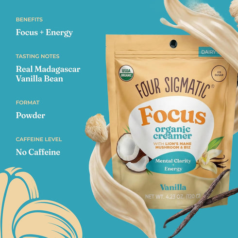 B12 4.23 oz Four Sigmatic Focus Vanilla Coffee Creamer | Organic Non Dairy Coffee Creamer with Lions Mane and Vitamin |