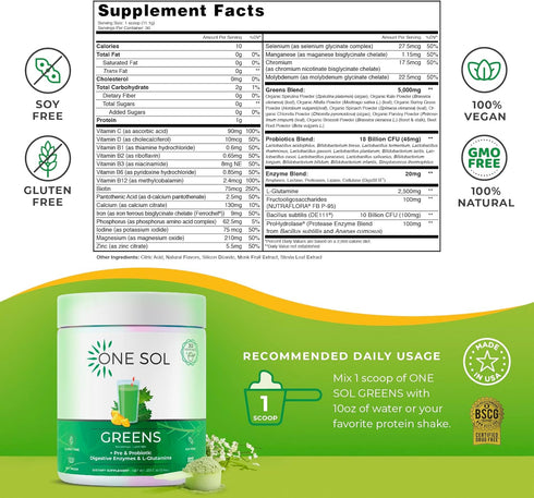 One Sol Greens, Super Greens Powder to Reduce Bloating & Improve Gut Health, Superfood Fresh Bloom Organic Greens Blend