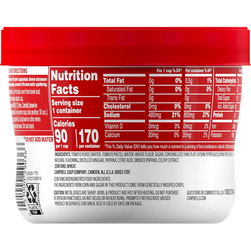15.4 oz (8 Pack) Campbells Spicy Tomato Soup, Microwavable Bowl