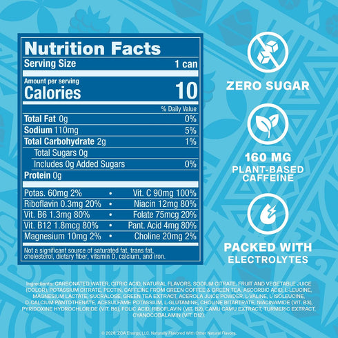160 12 oz 12 Pack ZOA Sugar Free Energy Drink with Electrolytes, Blue Raspberry Shave Ice, Vitamin C, B Vitamins +